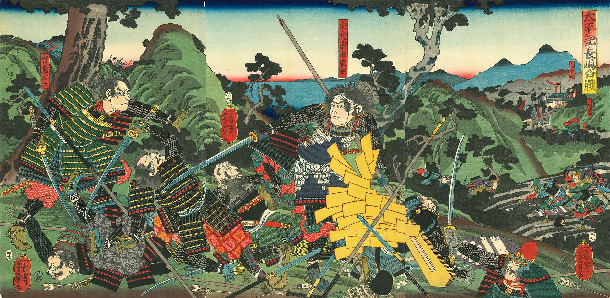 長島一向一揆との戦いで奮戦する勝家の家臣・毛受勝照を描いた歌川芳員画『太平記長嶋合戦』（提供：刀剣ワールド財団）