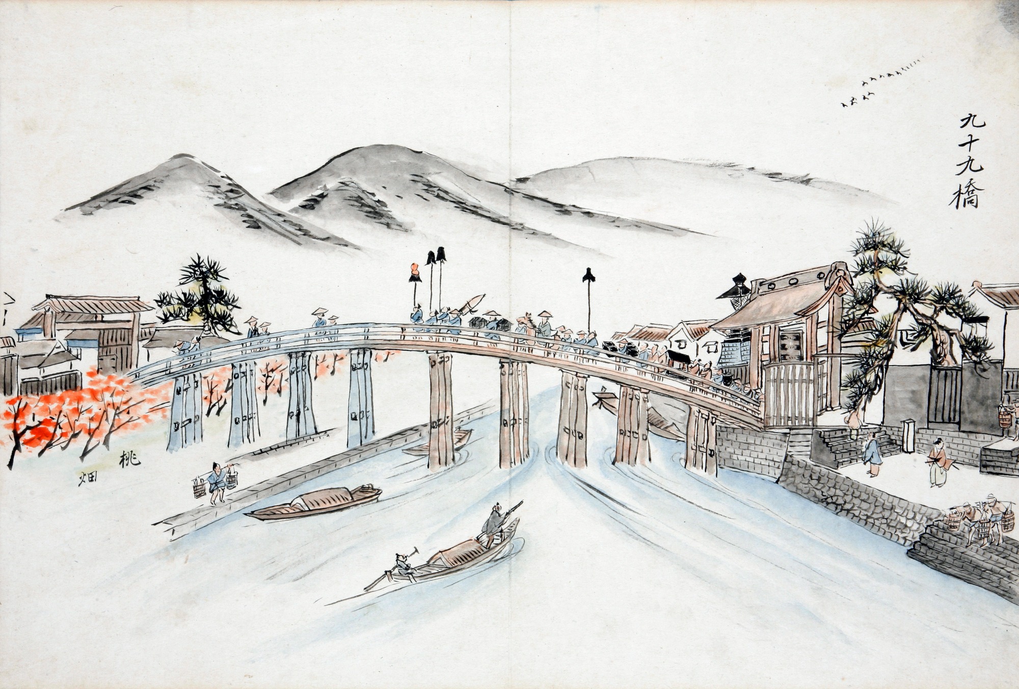 半石半木の九十九橋を大名行列が通る様子が描かれた『福井城旧景』(提供:福井市立郷土歴史博物館)