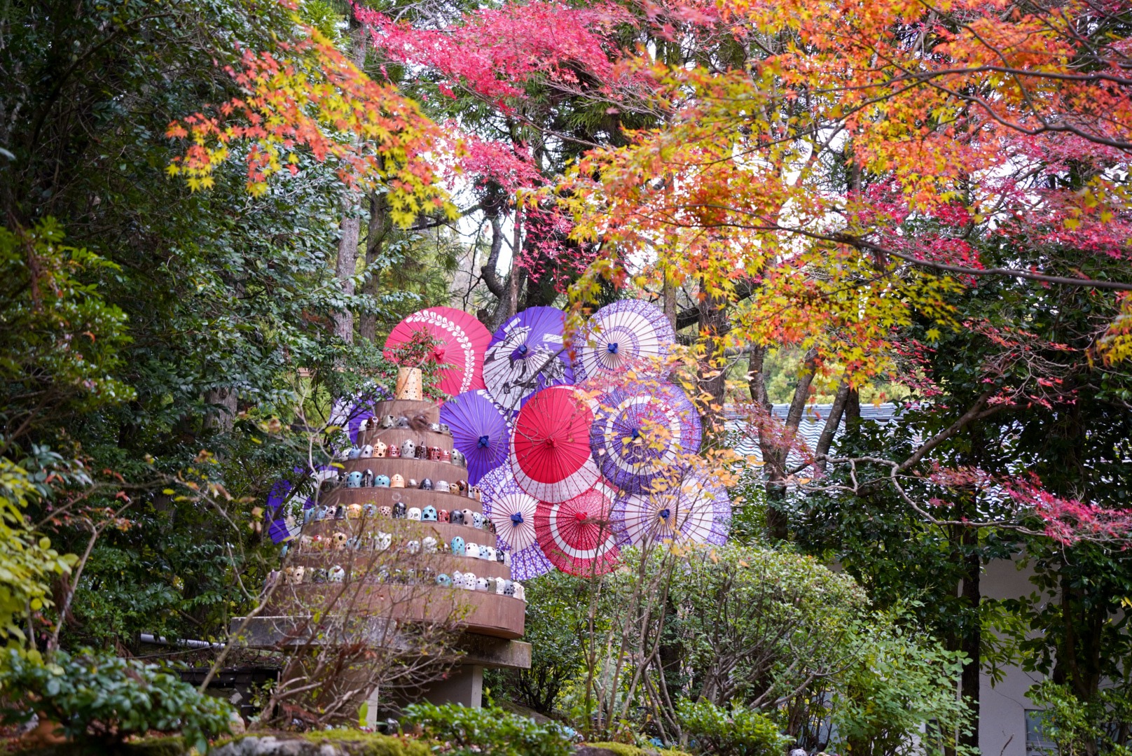 和傘と陶芸が映える紅葉はこちらならでは。