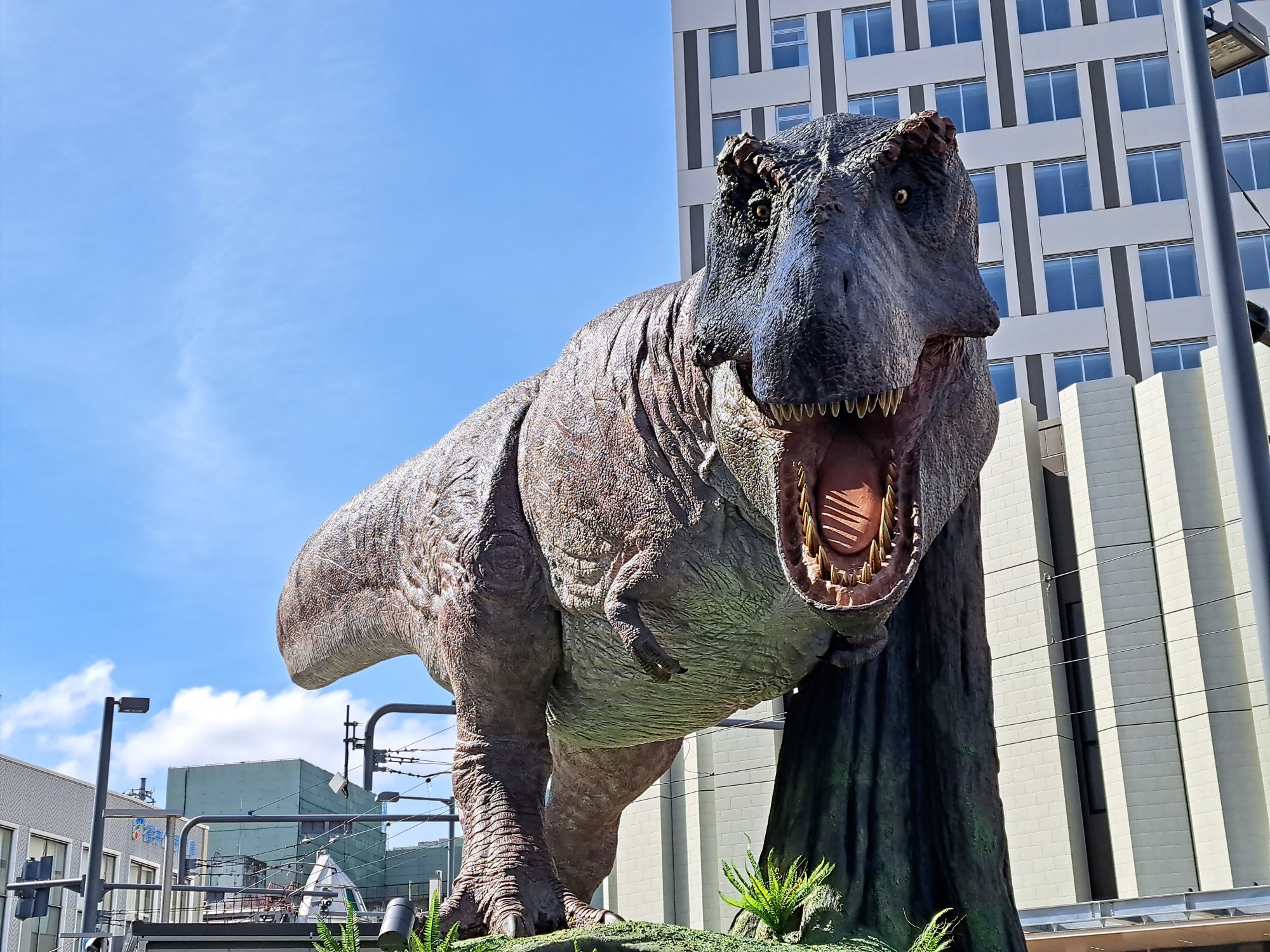 ビルの真ん前に登場したティラノサウルス。正面を見据えているので目が合っちゃいます。